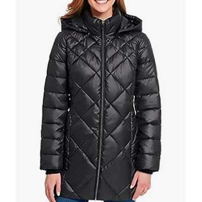 Andrew Marc Quilted Puffer Hooded Winter Coat Women M Black Shiny Warm - Image 1 of 4