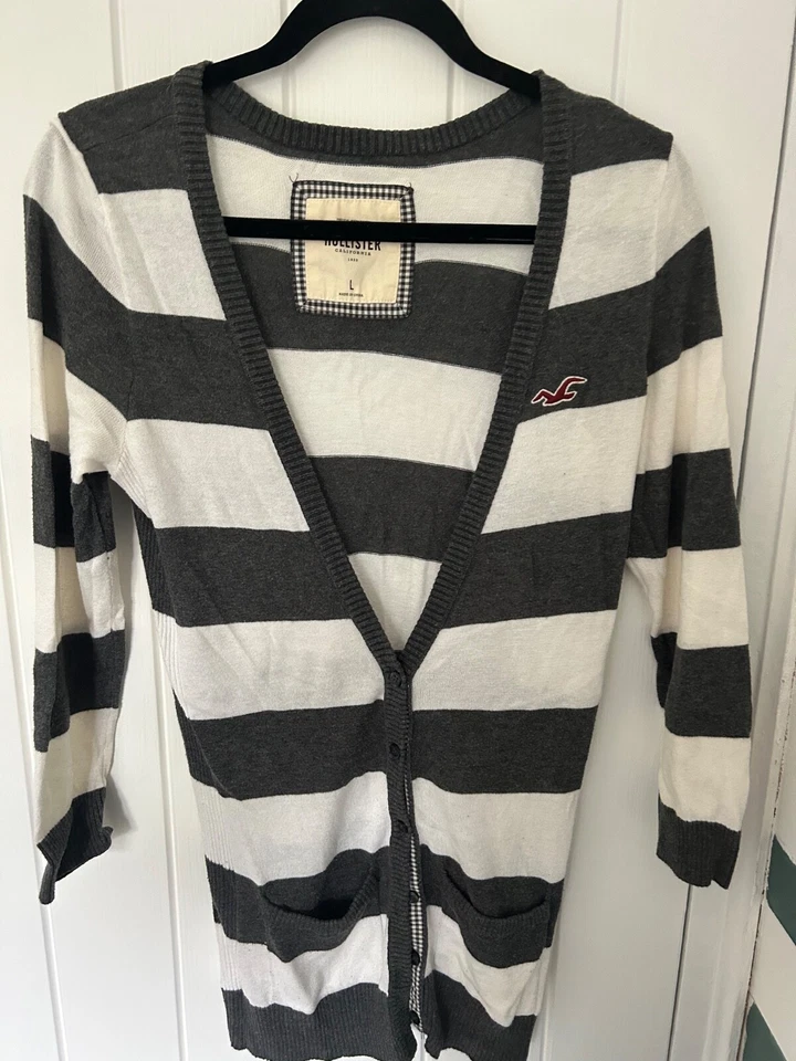 Hollister Women's Grey and White Striped Long Sleeved Knit Cardigan Size L - Image 1 of 1