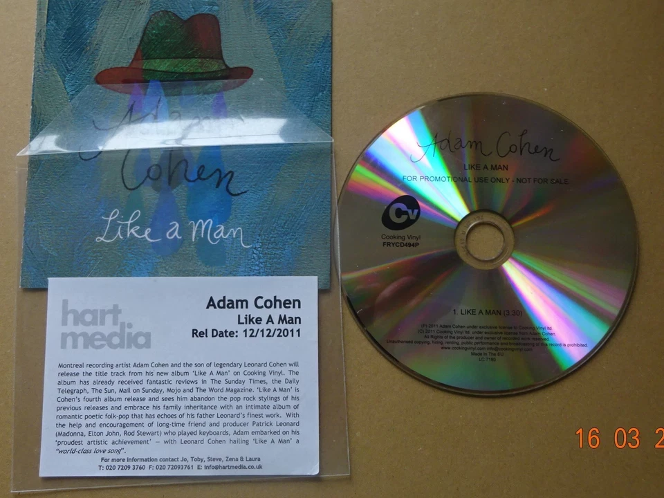 ADAM  COHEN--LIKE A MAN--PROMO ONE TRACK-CD SINGLE-SON OF LEONARD COHEN--V'G+ Foto 1 de 1