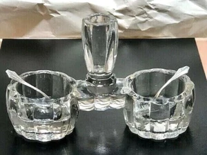 Vntg Glass Double Open Salt Cellar w Candleholder Toothpick & 2 Sterling Spoons - Picture 1 of 6