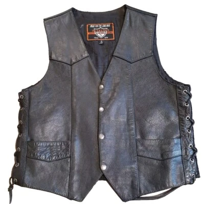 Preowned Women's Black INTERSTATE LEATHER Fat Boy Side Laced VEST USA SMALL - Image 1 of 4
