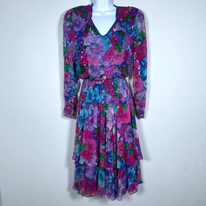 Vintage Diane Freis Silk Floral Midi Dress Sz S Maximalist Beaded Layered Sheer - Picture 1 of 12