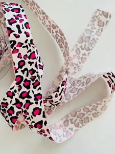 2 Metre White HotPink Leopard Grosgrain ribbon 22 mm Party Cake Hair Bows Craft - Picture 1 of 2