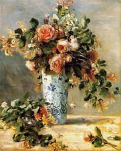 Handmade Oil Painting Reproduce Roses and Jasmine in a Delft Vase by Renoir 134 - Picture 1 of 1