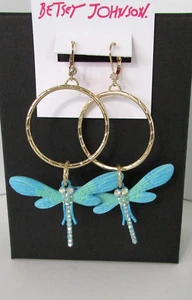 Betsey Johnson Dragonfly Drop Earrings Blue Pave Crystals GIFT BOX NWT - Picture 1 of 2