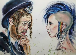 Original watercolor painting Portrait of Israeli people Tel Aviv artwork 11"x15" - Picture 1 of 4