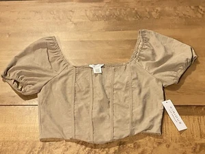 Kirious LA Tan Colored Suede Feel Crop Top Size M Shirred back Pheasant Pirate - Picture 1 of 5