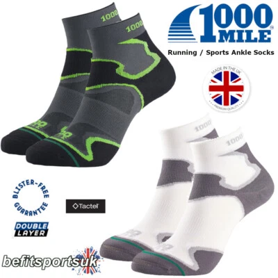 1000 MILE RUNNING SOCKS MENS FUSION CUSHIONED SPORTS ANKLE BLISTER BLACK WHITE - Image 1 of 4