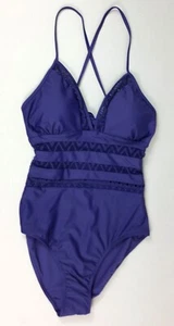 Traje de baño para mujer talla mediana azul de una pieza cuello en V corte alto lazo trasero ribete de encaje nuevo sin etiquetas  - Imagen 1 de 3