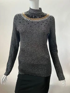 Investments Jeweled Neck Sweater  Large Black  Vintage Cotton Poly Blend - Picture 1 of 12
