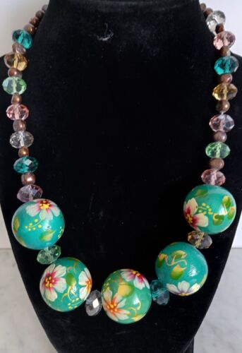 Vintage Handmade Cloisonne Floral Bead & Dark Pearls Beaded Statement Necklace