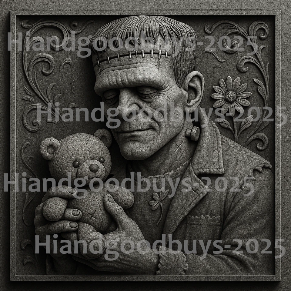 Azulejo de cerámica FRANKENSTEIN SOSTENIENDO UN OSO DE PELUCHE 6x6 grabado con láser - HECHO A MANO Foto 1 de 1