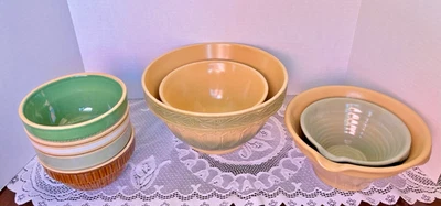 Lote de 8 tigelas de mistura amarelas vintage Over & Back para fazenda empilháveis em excelente estado usado - Imagem 1 de 4