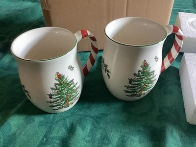 SPODE Christmas Tree Design Set Of Two Mugs/Candy Cane Handles BNIB - Image 1 of 4