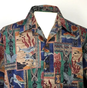 Hilo Hattie XL Hawaiian Shirt Tiki Cotton Lawn Short Sleeve Fish Turtles - Picture 1 of 10