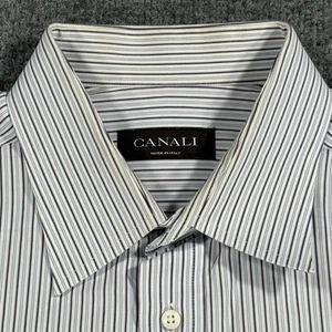 CANALI Dress Shirt 42 16.5 White Blue Purple Striped Luxury Designer Italy - Picture 1 of 9