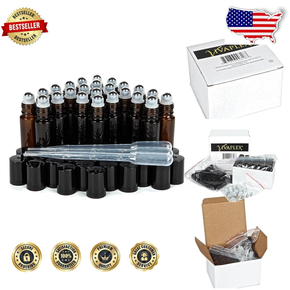 Vivaplex 24 Amber 10 Ml Glass Roll-on Bottles With Stainless Steel Roller Bal