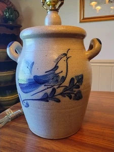 Rowe Pottery Gray Salt Glazed 27" Ethan Allen Bird Stoneware Crock Lamp/ Handles - Picture 1 of 11