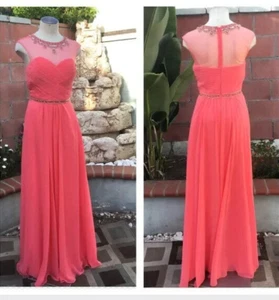 DANCING QUEEN Elegant Maxi Dress Sleeveless Embellished Stones Mesh Coral XS - Picture 1 of 13