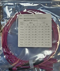 OM4 8 Fiber MPO Female to 4 x LC-UPC Duplex Type B Breakout Cable, 3 Meter - Picture 1 of 3