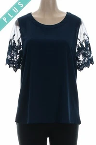 Elegante Bluse Übergröße transparent Häkel verziert Ärmel marine koralle weiß - Bild 1 von 8