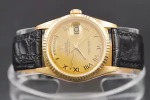 Rolex Day-Date 18238 Mens Solid 18K Yellow Gold Watch with Roman Dial Black Band - Picture 1 of 7