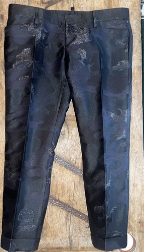 Pantaloni abiti bassi Dsquared2 Runway seta nero su nero mimetici tagliati 44 M