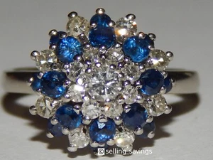 14K VINTAGE WHITE GOLD DIAMOND & BLUE SAPPHIRE PRINCESS COCKTAIL RING - Picture 1 of 9
