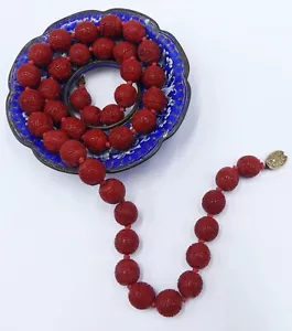 Antique vintage silver clasp Chinese carved Shou longevity cinnabar 41 beads nec - Picture 1 of 10