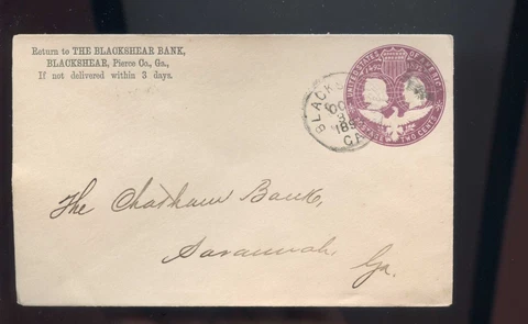 US  Advertising Cover (Blackshear Bank) 1893 Blackshear, Georgia to Savannah Cover