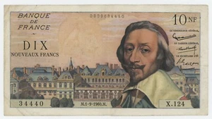 Frankreich 10 Franken 1-9-1960 P 142.a Sehr guter Zustand Umlaufbanknote Richelieu Pin Löcher - Bild 1 von 2