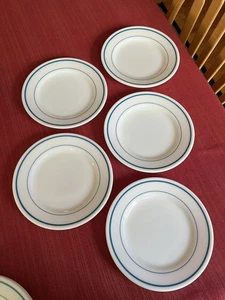 Vintage Pyrex Tableware Corning Milk Glass Aqua Blue Band Dinner Plates Set Of 5 - Picture 1 of 6