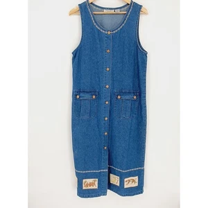 VTG 90s Lemon Grass Denim Embroidered Animals Novelty Cottagecore Midi Dress MP - Picture 1 of 11