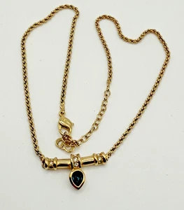 Vintage Christian Dior Necklace Gold Tone Teardrop Pendant Blue Crystal 16" - Photo 1/9