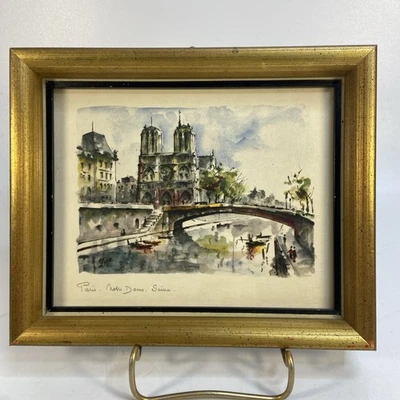 Impresión artística en acuarela vintage firmada París Francia Notre Dame 7 x 8,5 pulgadas marco Foto 1 de 4