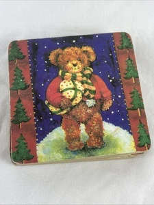 Christmas Teddy Bear Coaster Set of 6 Cork Backs Green Red - Picture 1 of 7
