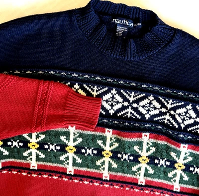 Винтажный Nautica свитер мужской XL якорь трикотажа Crewneck праздник редкая 90-х красный синий - Изображение 1 из 4