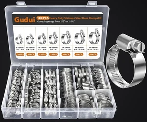 Kit surtido de abrazaderas de manguera de acero inoxidable de alta resistencia de 100 piezas 1/4-1-1/2 (6-38M - Imagen 1 de 5
