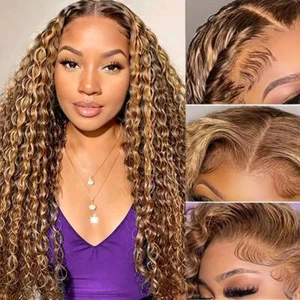 13x6 Highlight Deep Wave Perücke Echthaar 4/27 Honigblond Lockig Lace Front Perücken - Bild 1 von 7