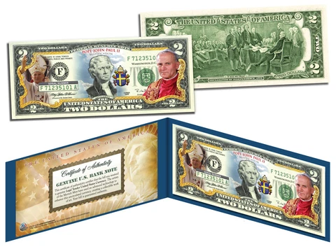 POPE JOHN PAUL II Legal Tender U.S. $2 Bill w/Folio and Certificate  *MUST SEE* Cover