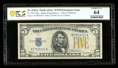 DBR 1934-A $5 North Africa Fr. 2307 PCGS-B 64 Serial K57818101A - Image 1 of 2
