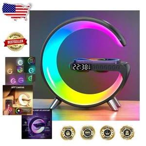 Stylish 4-in-1 LED Table Lamp: Wireless Charger, Alarm Clock & Bluetooth Speaker - Picture 1 of 11