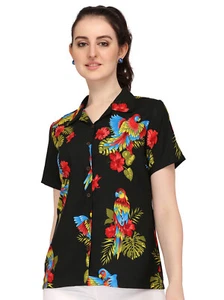 Hawaiian Shirt Women Parrot Flower Aloha Beach Camp Swim Top Blouse - Picture 1 of 29