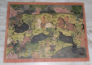 Vintage Hand Painted Indian Miniature King Maharaja Hunting Seen Paper Painting - Picture 1 of 6