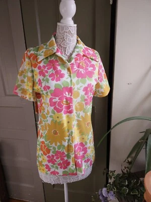 Blusa Top Vintage Años 60 Deadstock Nueva Con Etiquetas Flower Power Amarillo Rosa Abotonada Mediana Foto 1 de 4