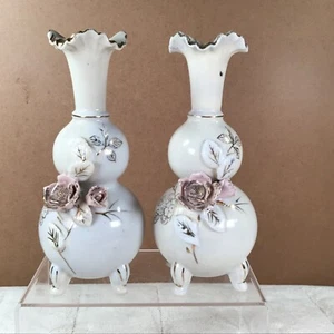Pair 2 Vintage Victorian Ucagco Rose Bud Old World Floral Footed Vase ShabbyChic - Picture 1 of 15