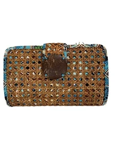 Vera Bradley Purse Handbag Tiki Clutch Bali Brown Bamboo Light Blue Print Trim - Picture 1 of 8