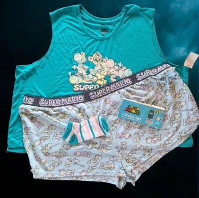 Conjunto de 3 piezas para dormir Super Mario camiseta sin mangas, pantalones cortos y calcetines para mujer talla 3X Foto 1 de 4