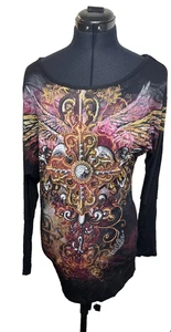 Vintage In Vein Affliction Y2k Dress/Top  Womens Cross Rhinestone Batwing FLAWS - Picture 1 of 9
