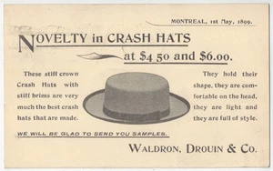 1899 Stiff Brim HAT Advertising Montreal, Canada - Waldron Droun & Co. Postcard - Picture 1 of 2